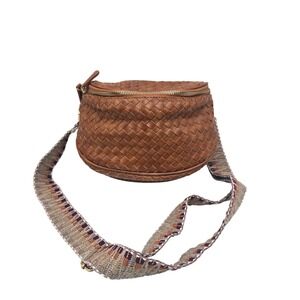 Ah-Dorned Woven Leather Crossbody Bag Tan Gold Hardware Adjustable Strap‎